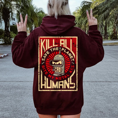 Save The Planet Kill All Humans Geek Printed Back Cotton Hoodie