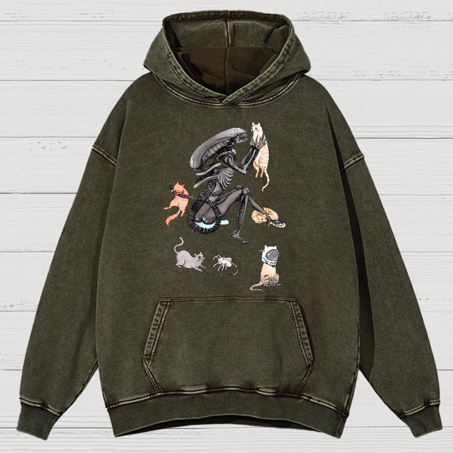 Funny Alien And Cat Vintage Distressed Hoodie