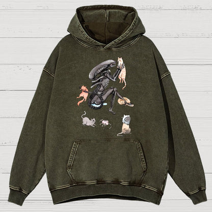 Funny Alien And Cat Vintage Distressed Hoodie