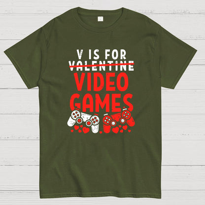 V Is For Video Games Funny Valentines Day Gamer Boy Men Gift Geek T-Shirt
