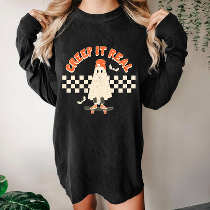 Creep it Real Vintage Ghost Halloween Washed Long Sleeve Tee