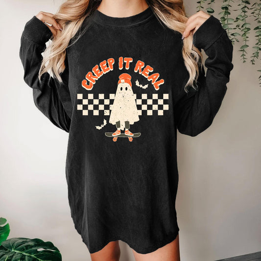 Creep it Real Vintage Ghost Halloween Washed Long Sleeve Tee