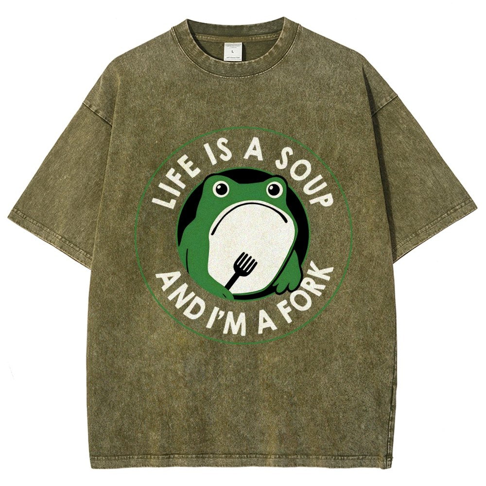 Life Is Soup and I'm a Fork Frog Vintage Distressed T-shirt