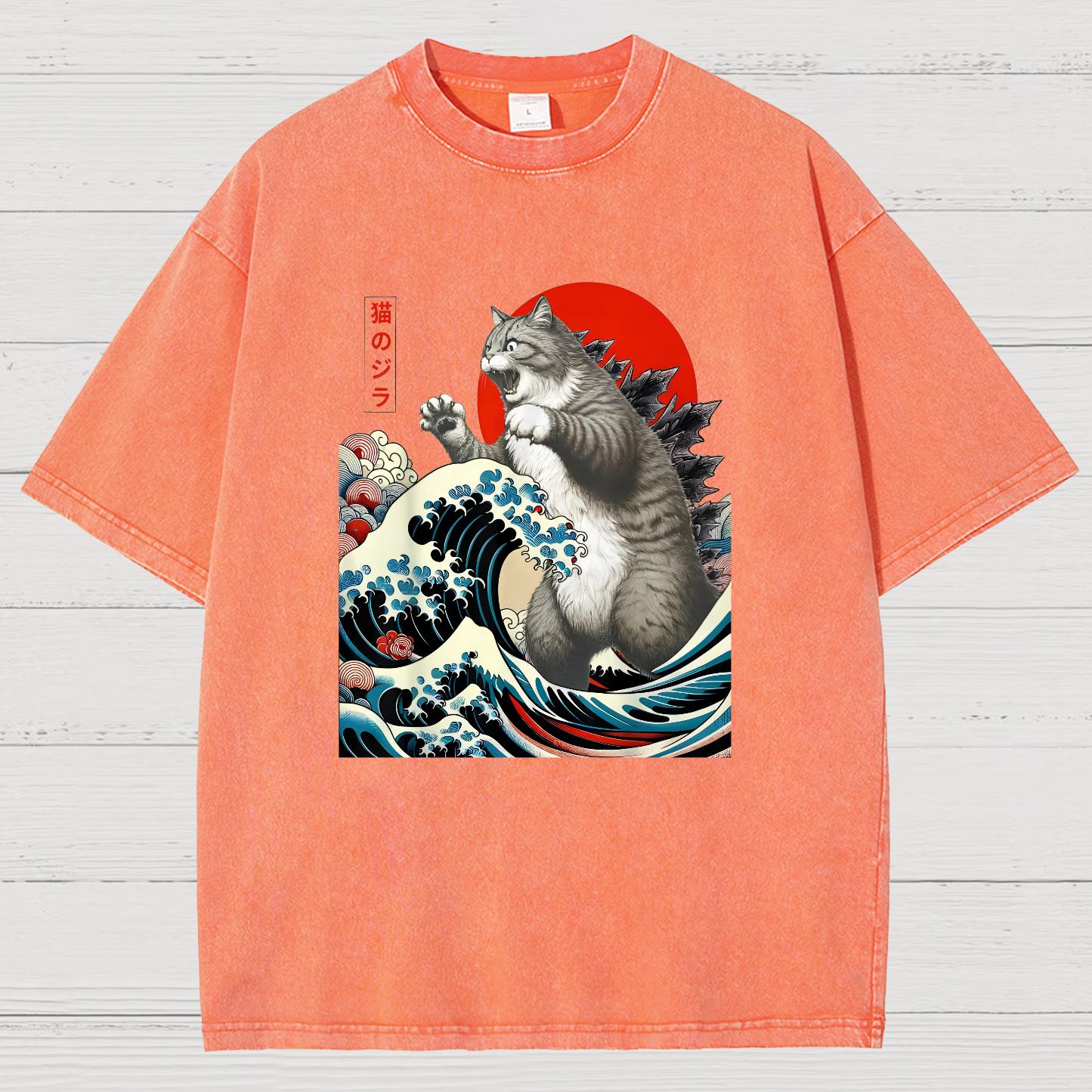 Catzilla Cat Japanese Art Vintage Distressed T-shirt