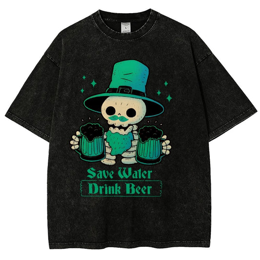 Skeleton St Patrick drinks Beer Vintage Distressed T-shirt