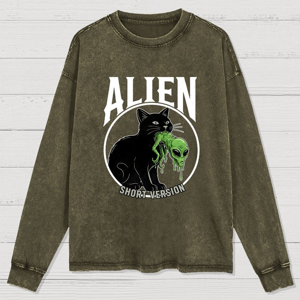 Black Cat Eating Alien Washed Long Sleeve Tee