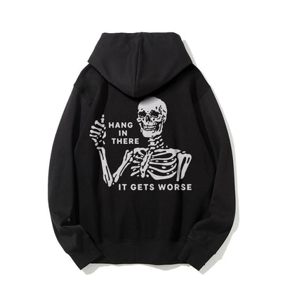 Hang In There Skeleton Printed Back Unisex Cotton Hoodie