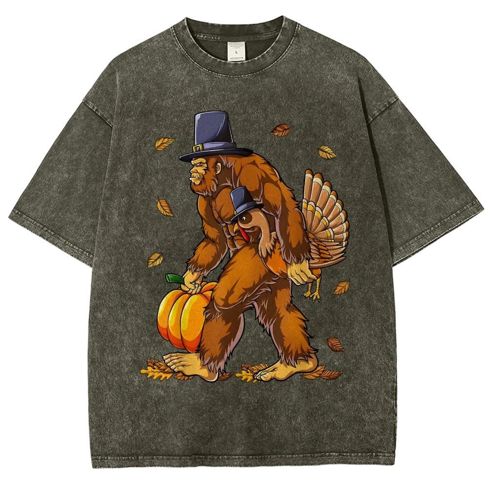 Turkey Pumpkin Thanksgiving Sasquatch Vintage Distressed T-shirt