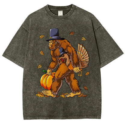 Turkey Pumpkin Thanksgiving Sasquatch Vintage Distressed T-shirt