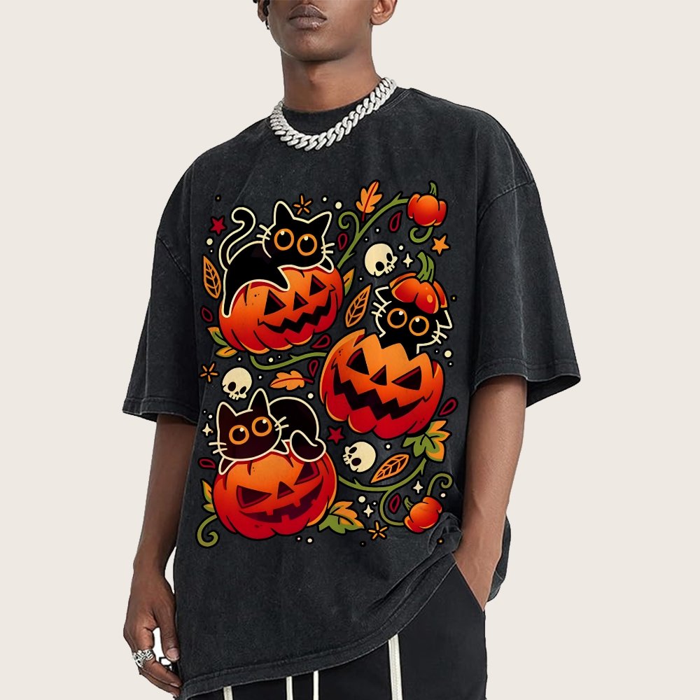 Black Cat Pumpkin Halloween Party Vintage Distressed T-shirt