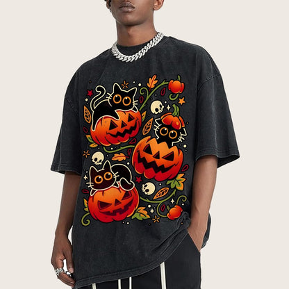 Black Cat Pumpkin Halloween Party Vintage Distressed T-shirt
