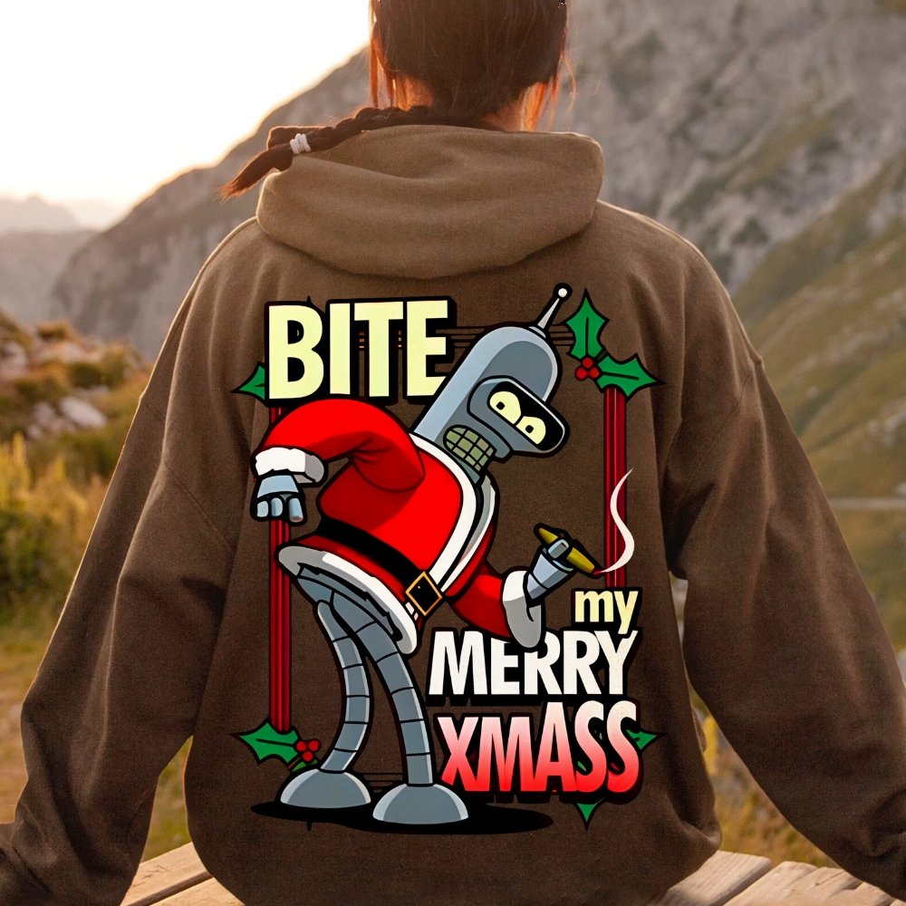 Happy Christmas From Robot Printed Back Cotton Hoodie