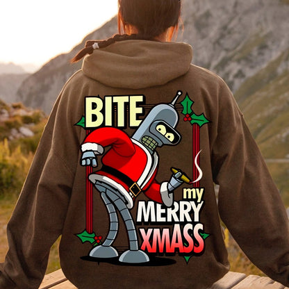 Happy Christmas From Robot Printed Back Cotton Hoodie