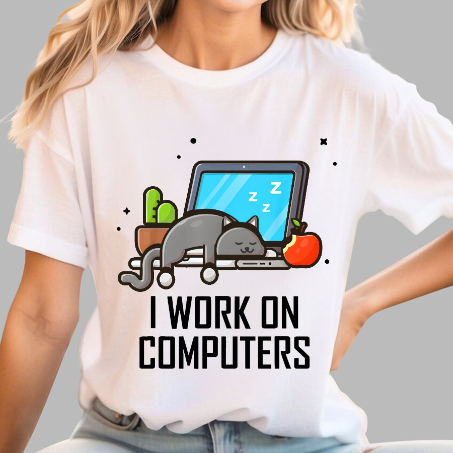 I Work On Computers Funny Cute Tech Coding Cat Geek T-Shirt