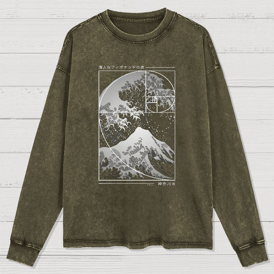 The Great Wave Of Fibonacci Spiral Geek Washed Long Sleeve Tee