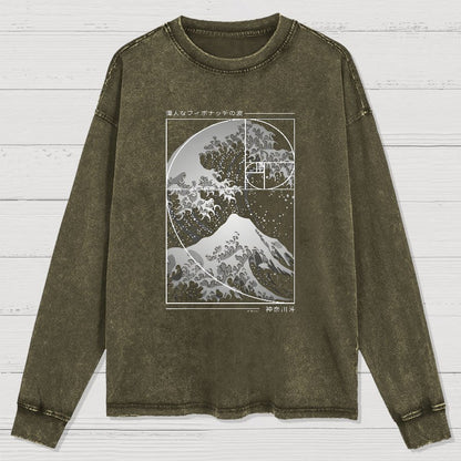 The Great Wave Of Fibonacci Spiral Geek Washed Long Sleeve Tee