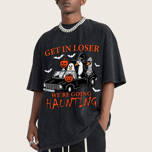 Get in Loser We’re Going Haunting Halloween Ghost Goose Vintage Distressed T-shirt