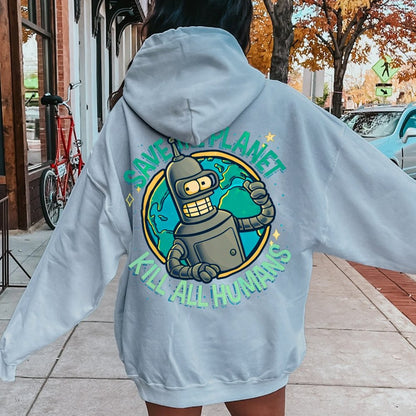 Save The Planet Kill All Humans Geek Printed Back Cotton Hoodie