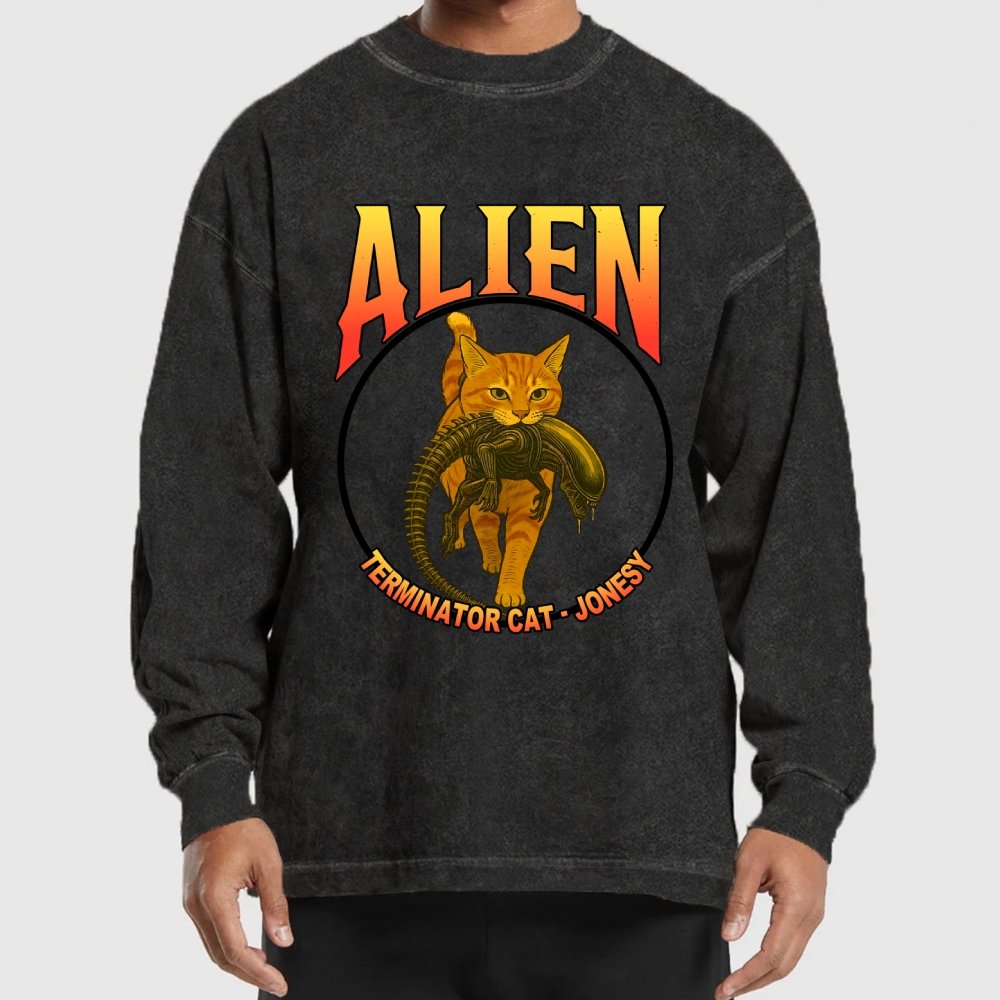 Black Cat Eating Alien Washed Long Sleeve Tee