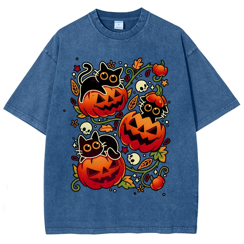 Black Cat Pumpkin Halloween Party Vintage Distressed T-shirt