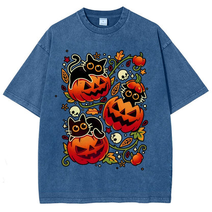 Black Cat Pumpkin Halloween Party Vintage Distressed T-shirt