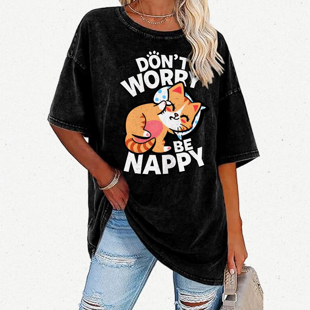 Cute Kawaii Pet Cat Don't Worry Vintage Distressed T-shirt