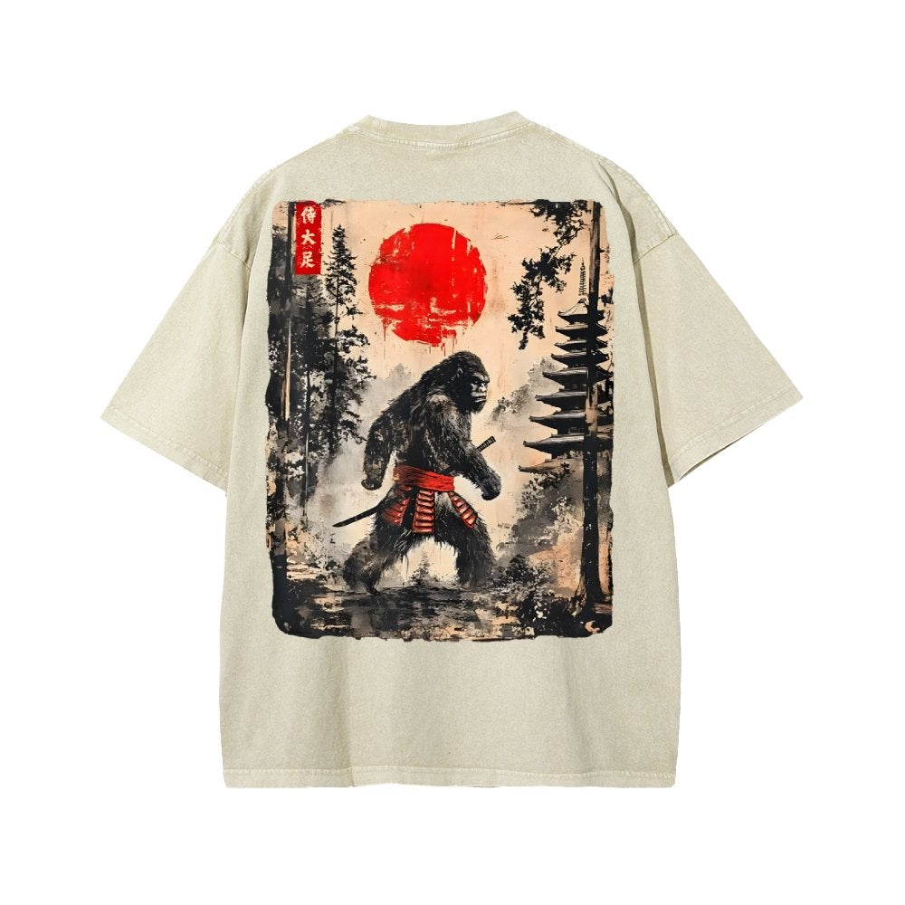 Funny Samurai Ukiyo-e Vintage Graphic Washed T-shirt
