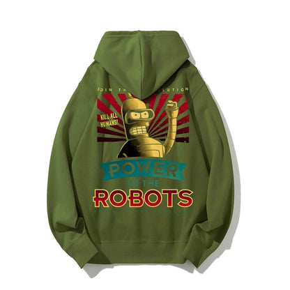 Power To The Robots Printed Back Cotton Hoodie