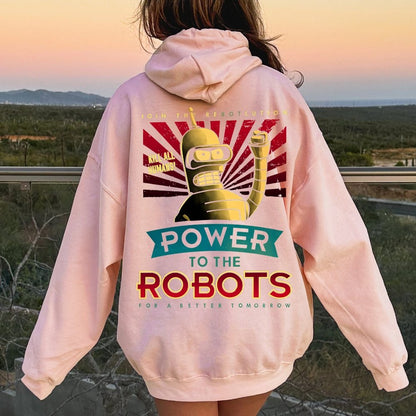 Power To The Robots Printed Back Cotton Hoodie