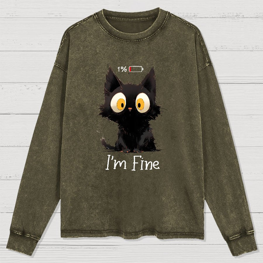 I'm Fine Black Cat Washed Long Sleeve Tee