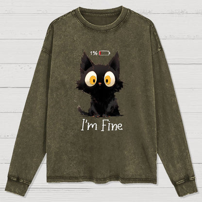 I'm Fine Black Cat Washed Long Sleeve Tee