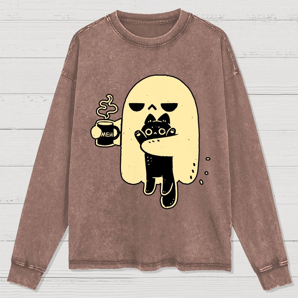 Cute Ghost Holding Cat Washed Long Sleeve Tee