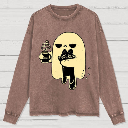 Cute Ghost Holding Cat Washed Long Sleeve Tee