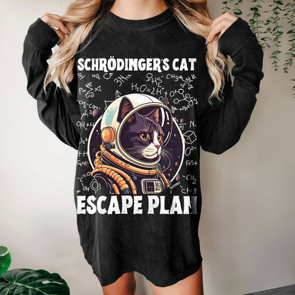 Funny Schrödinger's Cat Escape Plan Science Washed Long Sleeve Tee