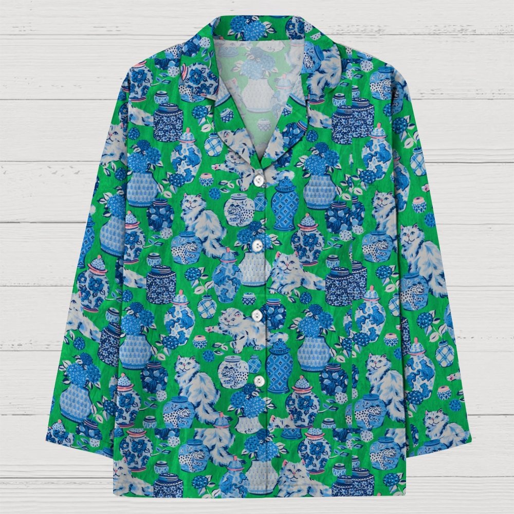 Cat Ceramic Art Pattern Geek Long Sleeve Pajama Set