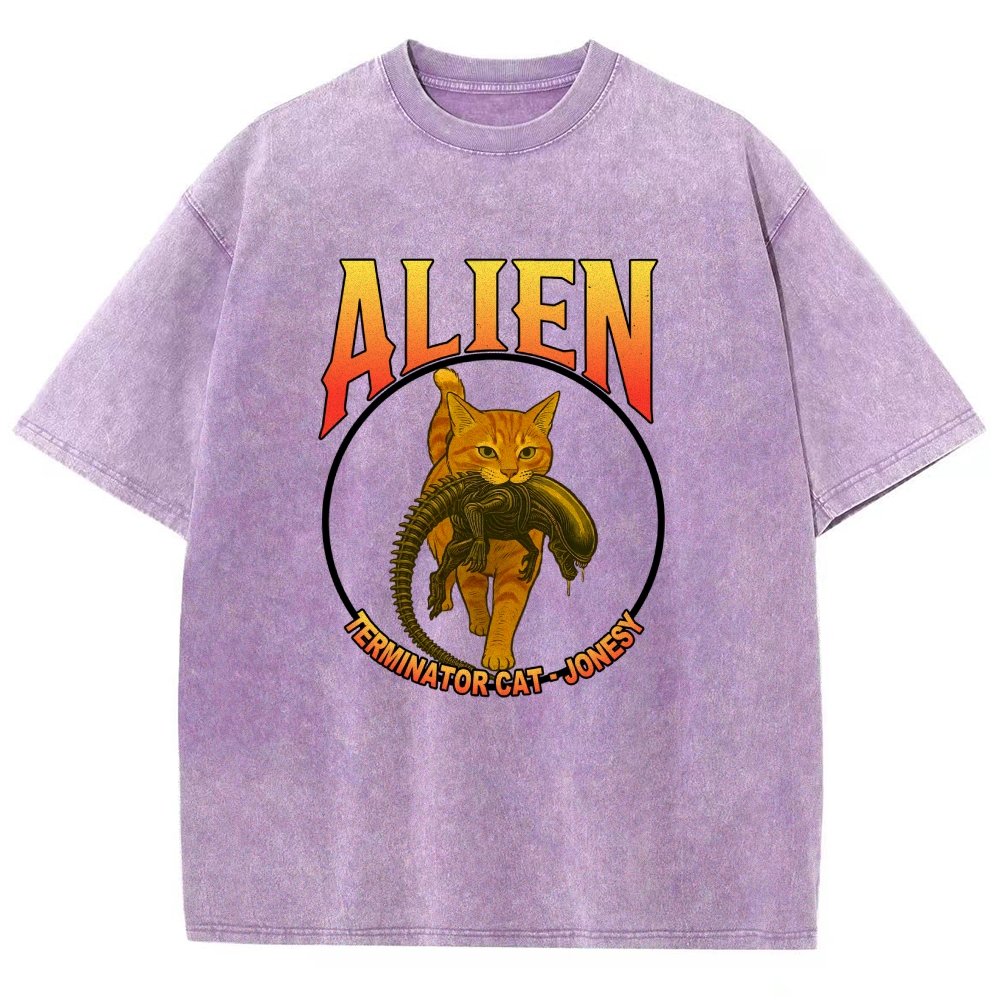 Black Cat Eating Alien Vintage Distressed T-shirt
