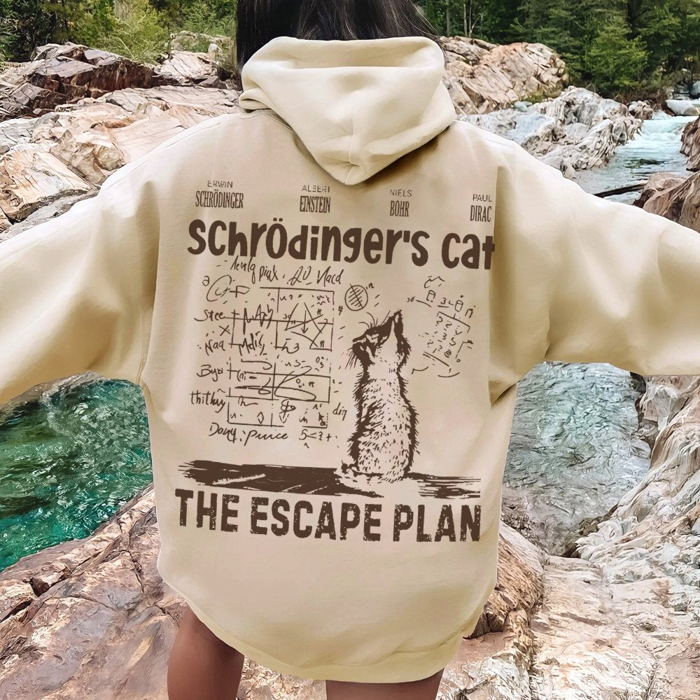 Schrodinger's Cat Escape Plan Interesting Physics Science Printed Back Cotton Hoodie