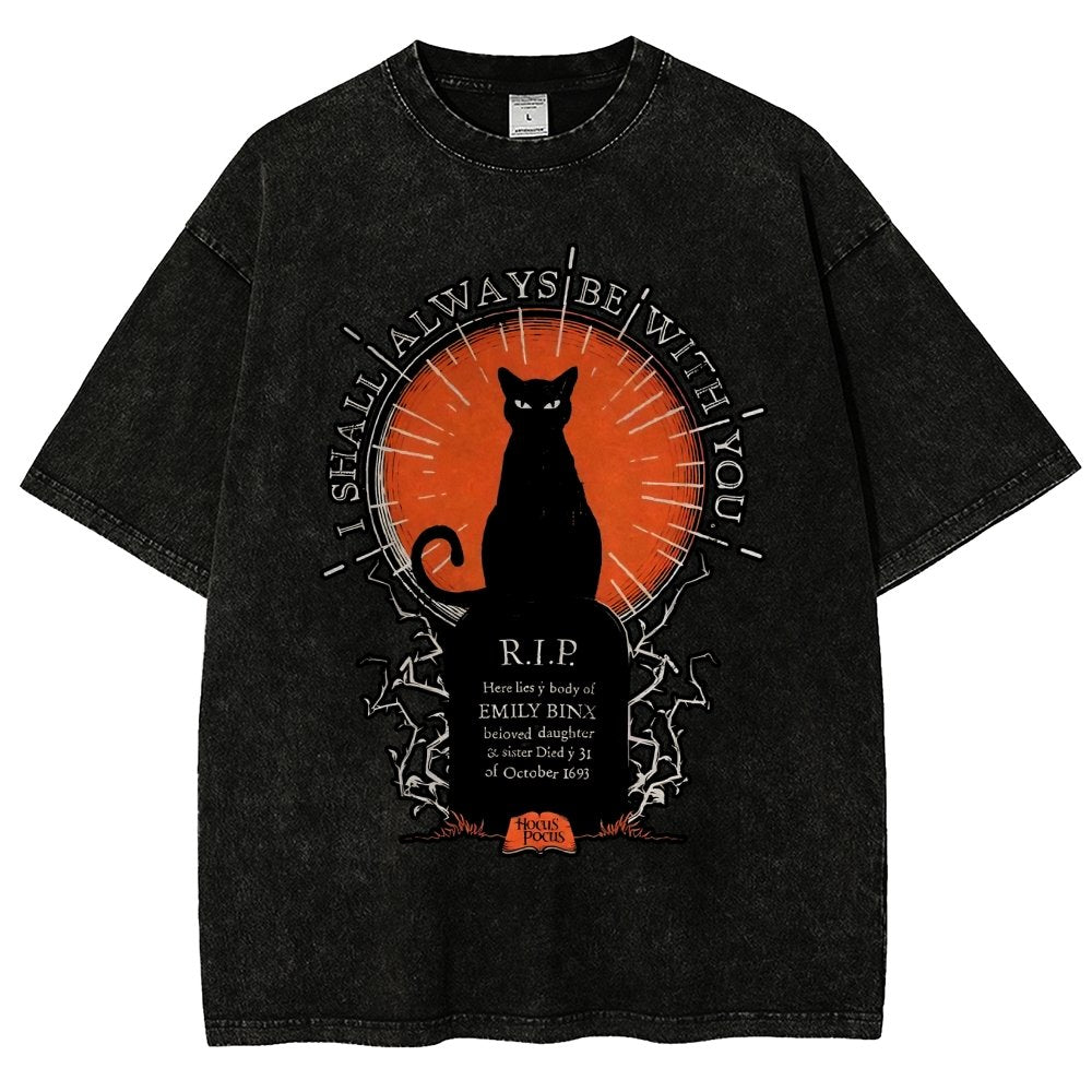 Halloween Cat Print Vintage Distressed T-shirt