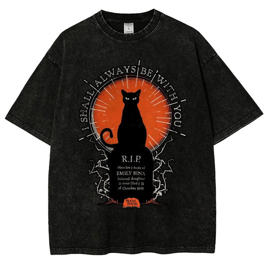 Halloween Cat Print Vintage Distressed T-shirt