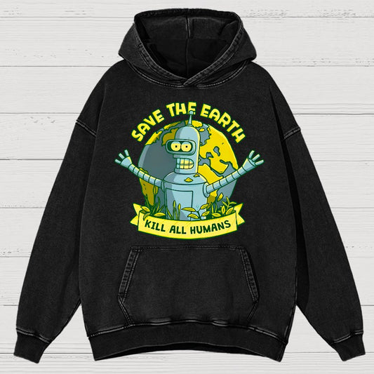 Save The Earth Kill All Humans Vintage Distressed Hoodie