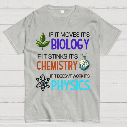 If it Moves it's Biology Stinks It's Chemistry Doesn't Work it's Physics Geek T-Shirt