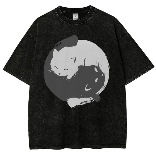 Yin-yang Cat Vintage Distressed T-shirt