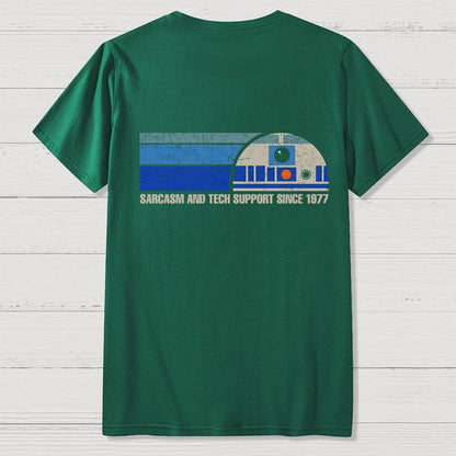 Providing Sarcasm and Tech Support Since 1977  Back Printing Geek T-Shirt
