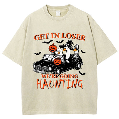 Get in Loser We’re Going Haunting Halloween Ghost Goose Vintage Distressed T-shirt