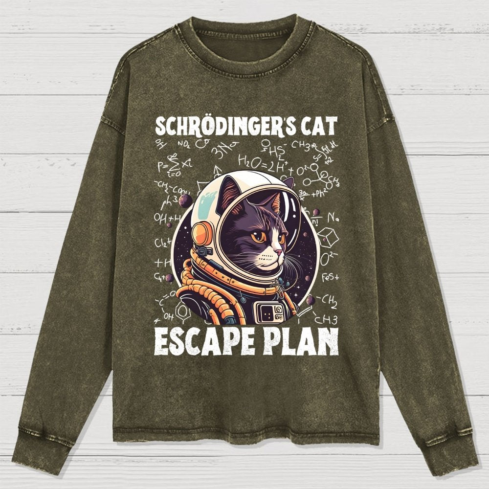 Funny Schrödinger's Cat Escape Plan Science Washed Long Sleeve Tee