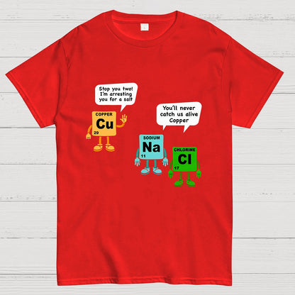 Funny Salt and Copper Periodic Table Police Pun Geeky T-Shirt