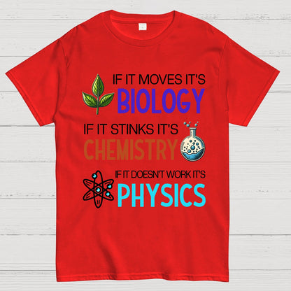If it Moves it's Biology Stinks It's Chemistry Doesn't Work it's Physics Geek T-Shirt