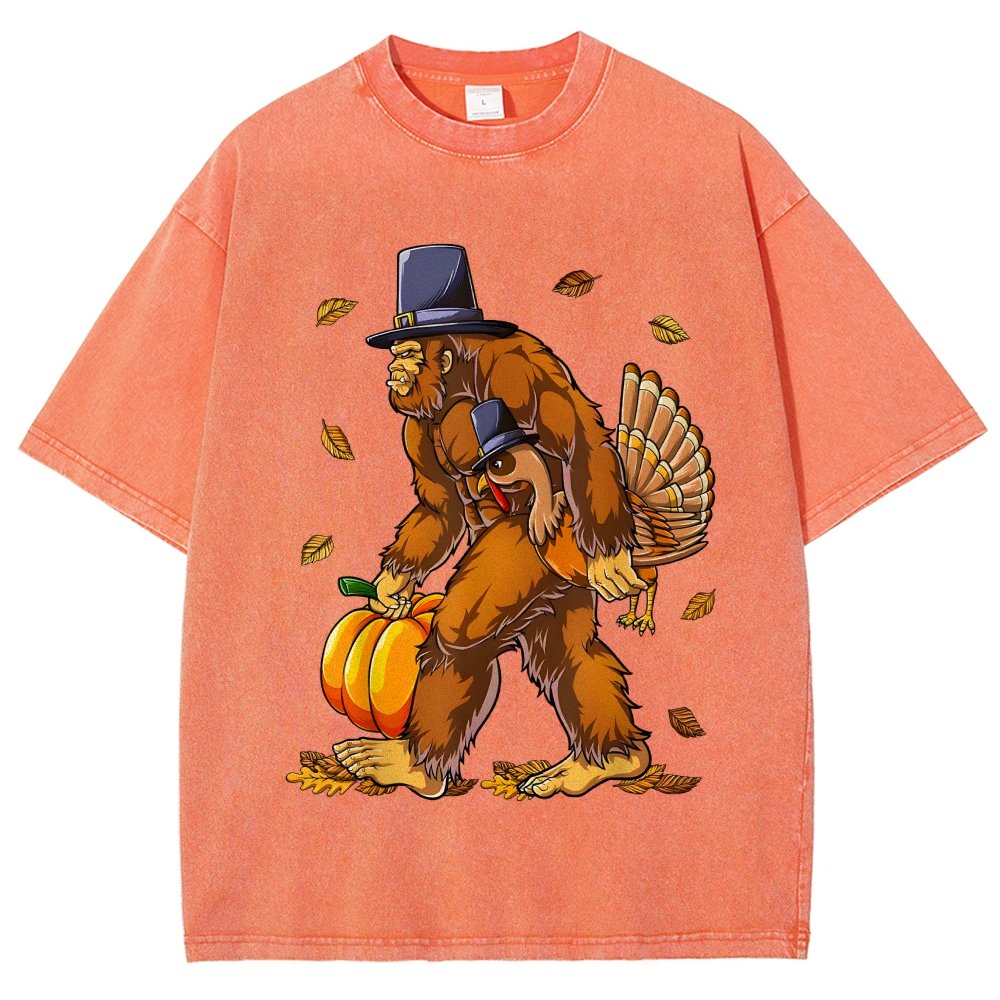 Turkey Pumpkin Thanksgiving Sasquatch Vintage Distressed T-shirt