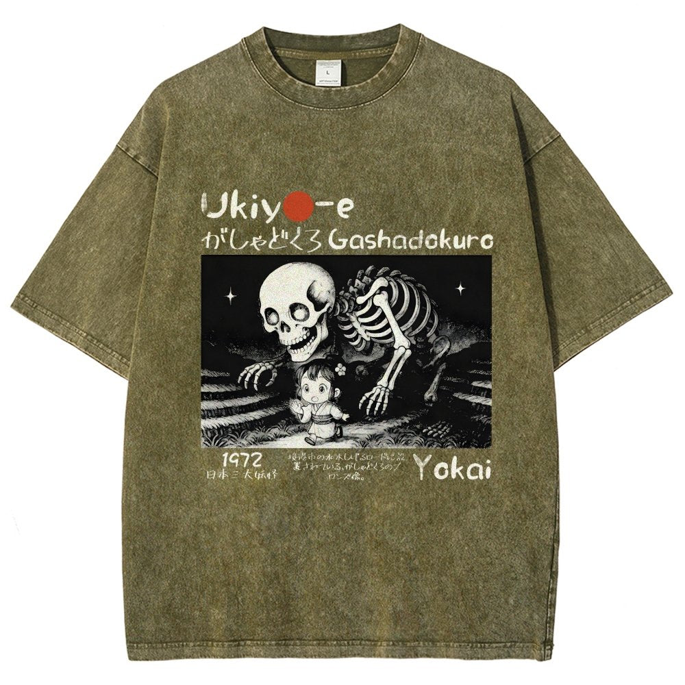 Gashadokuro Skeleton Yokai Ukiyo-e Vintage Distressed T-shirt