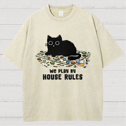 We Play By House Rules Funny Cat Vintage Distressed T-shirt